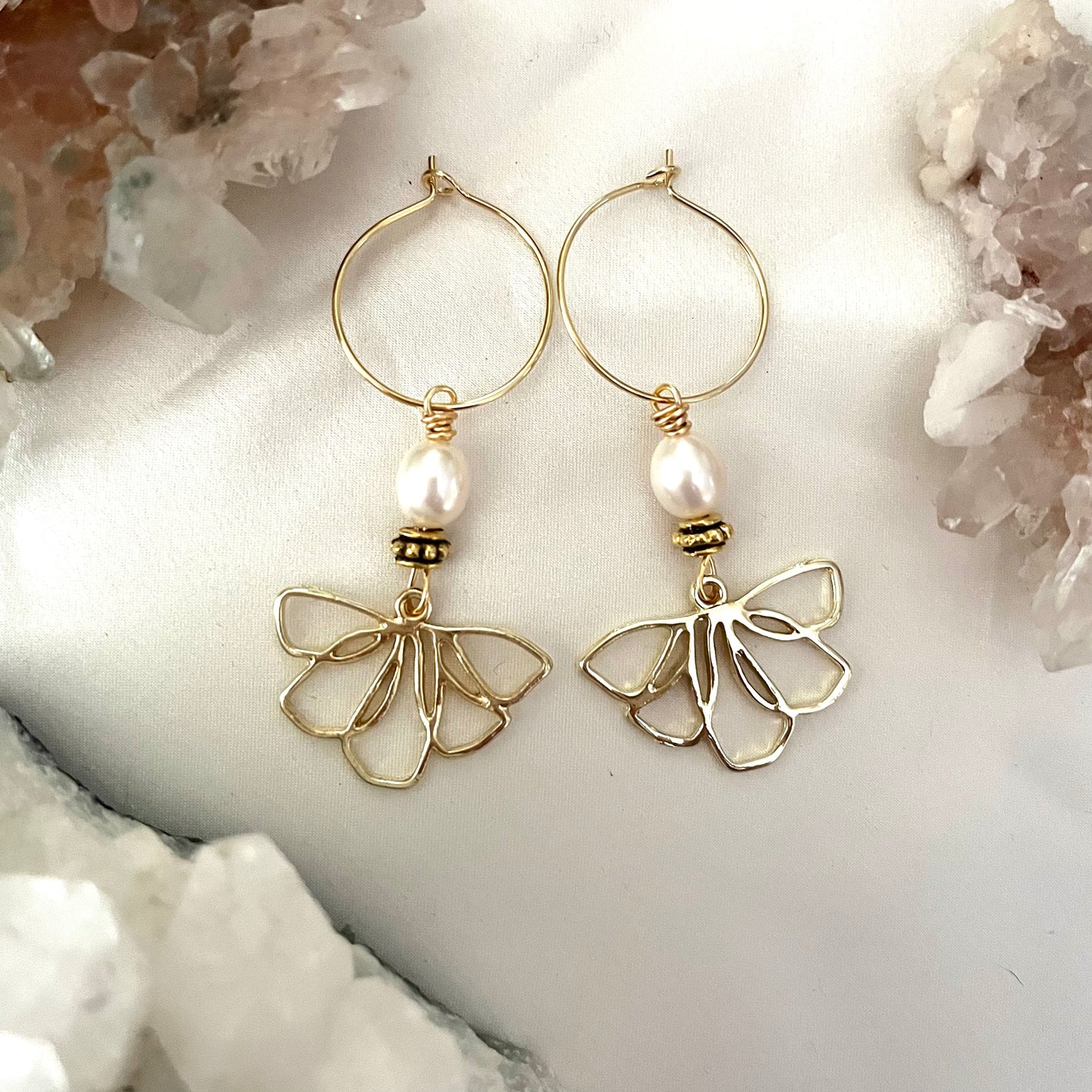 Botanical Freshwater Pearl Earrings Style 2 (Gold)