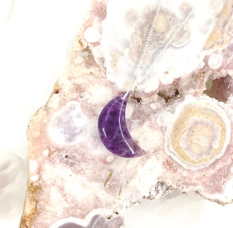 Purple Fluorite Moon Necklace (Silver)