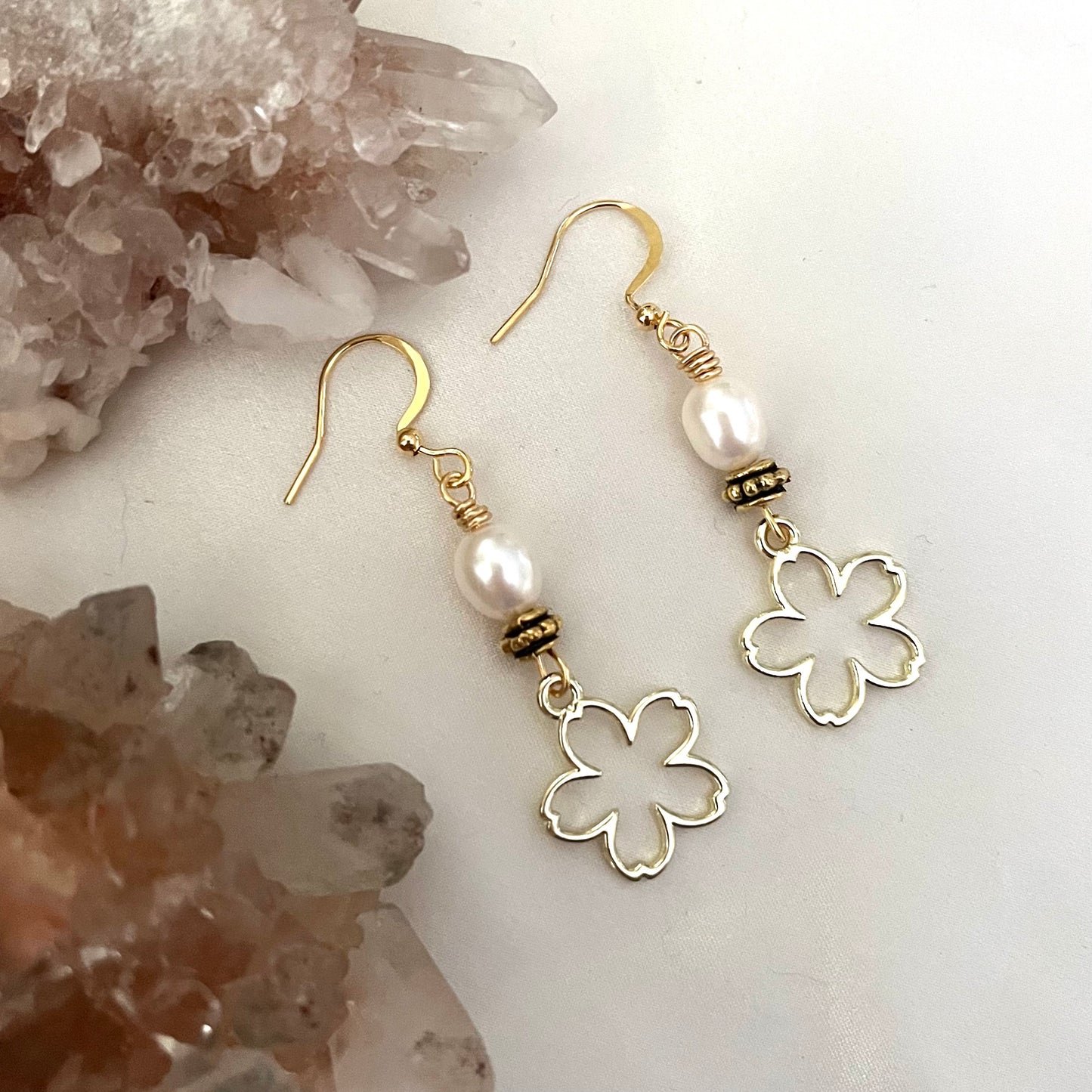 Botanical Freshwater Pearl Earrings Style 3 (Gold)