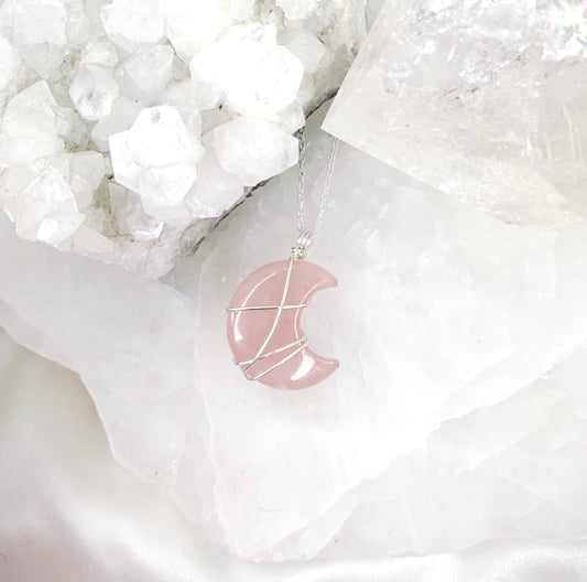 Rose Quartz Moon Necklace (Silver)