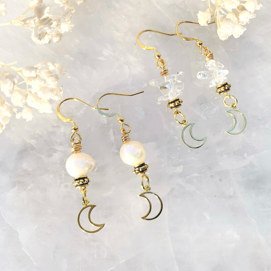 Pearl/ Clear Quartz Mystic Moon Earrings (Gold)