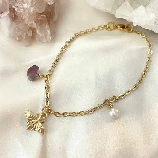 Fluorite, Freshwater Pearl Charm Bracelet (Gold)