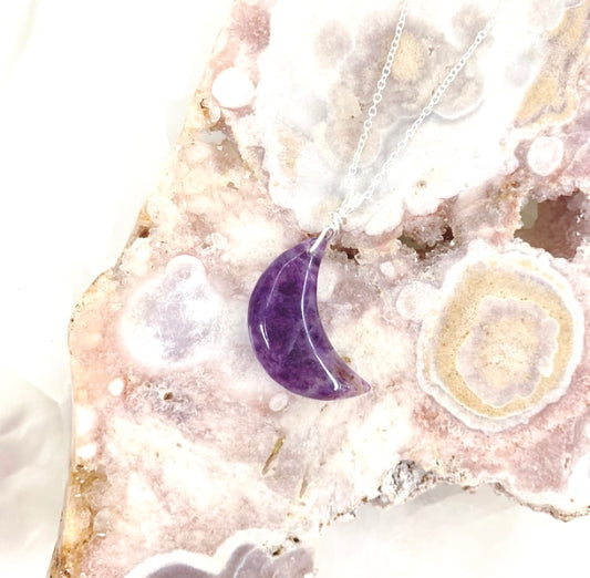 Purple Fluorite Moon Necklace (Silver)